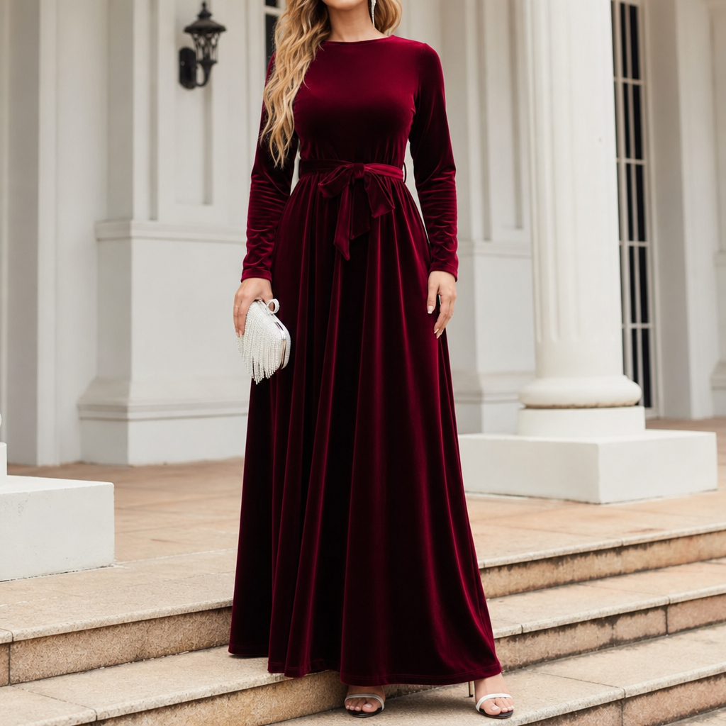 Elvea | Belted Velvet Maxi Dress