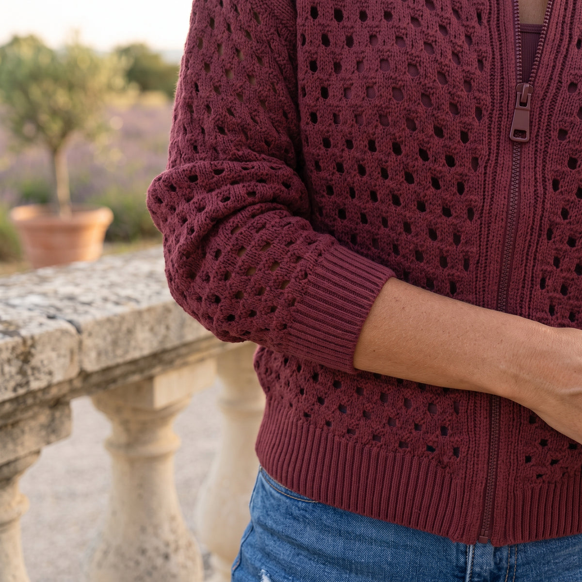 Rhlyn | Openwork Zip-Up Cardigan