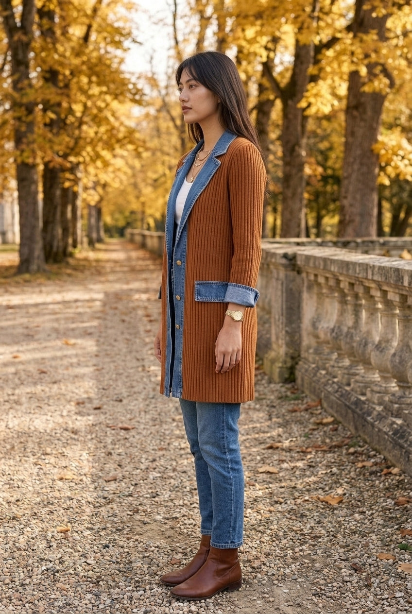 Ettis | Denim-Trim Knit Cardigan Coat