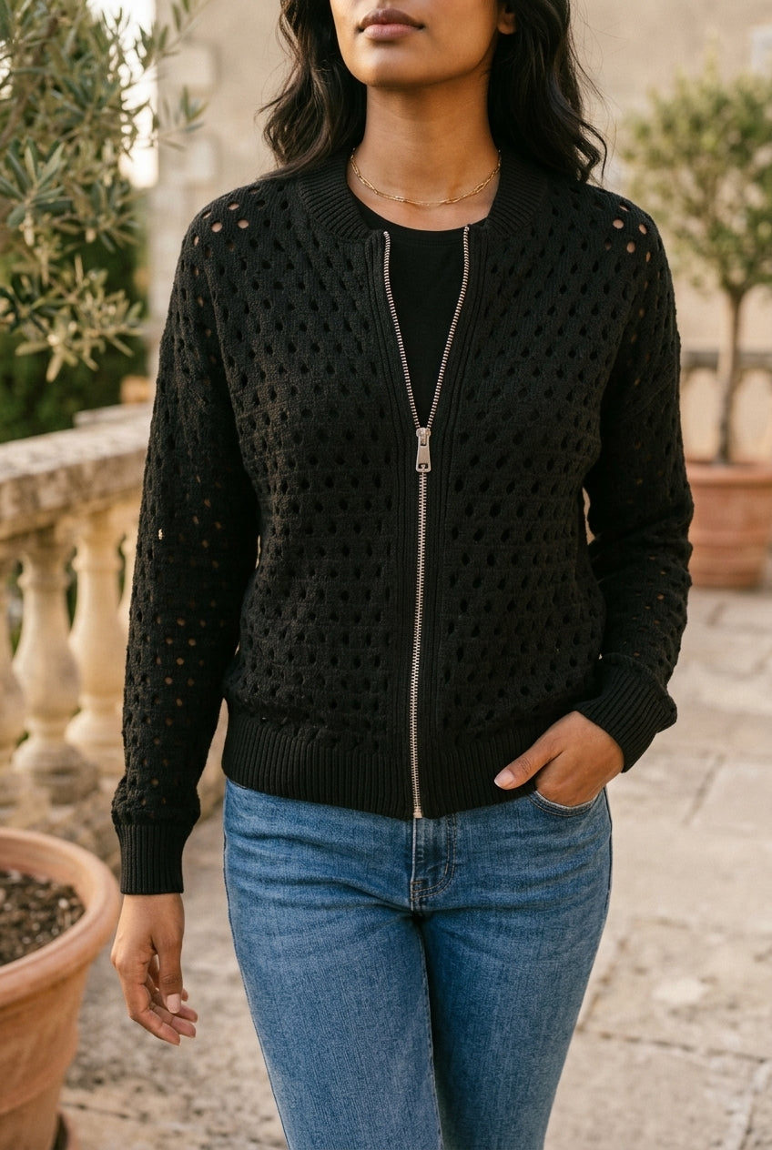 Rhlyn | Openwork Zip-Up Cardigan