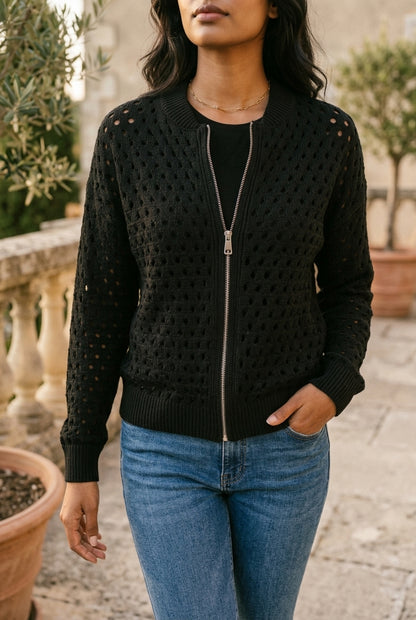 Rhlyn | Openwork Zip-Up Cardigan