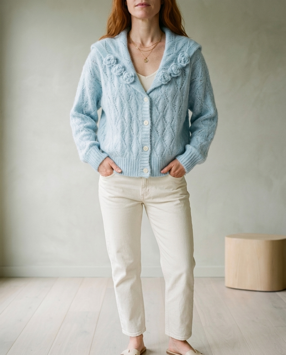 Sunnis | Floral Lapel Cable Knit Cardigan