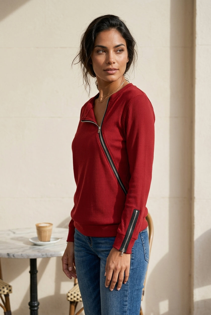 Ursora | Ribbed Asymmetric Zip Top