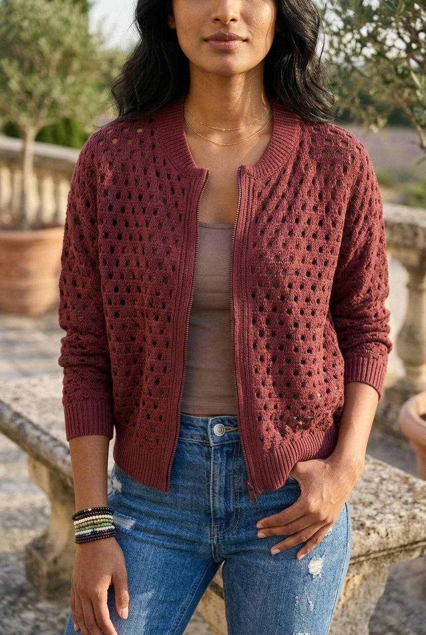 Rhlyn | Openwork Zip-Up Cardigan