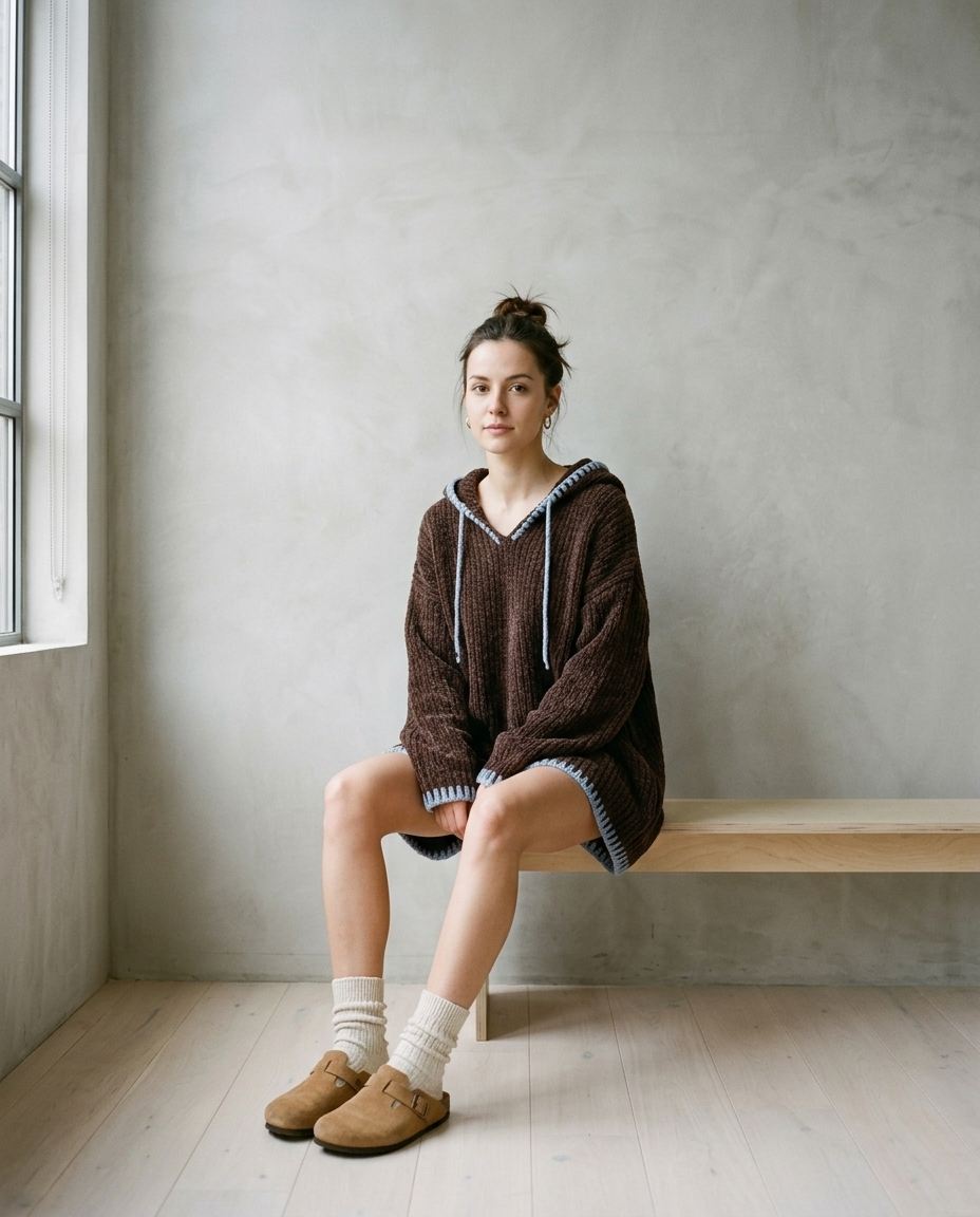 Sinlyn | Hooded Contrast-Trim Sweater Dress