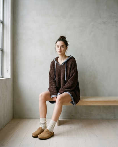 Sinlyn | Hooded Contrast-Trim Sweater Dress