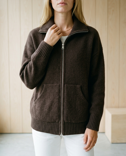 Inesea | Zip-Front Ribbed Collar Cardigan