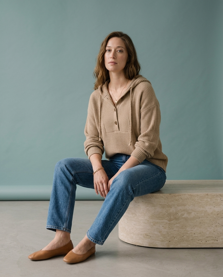 Perla | Ribbed Knit Button-Neck Hoodie