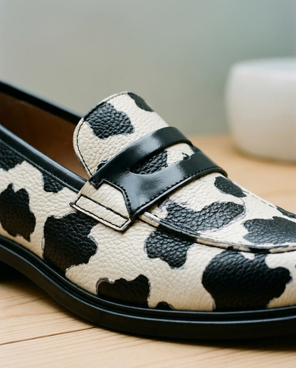 Mirine | Cow Print Slip-On Loafers