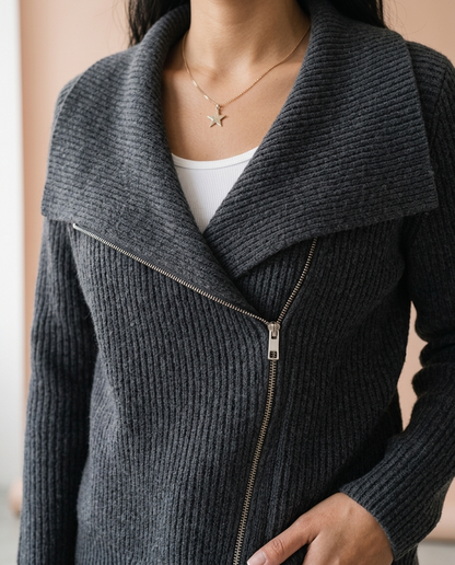 Ronis | Diagonal Zip Ribbed Knit Cardigan