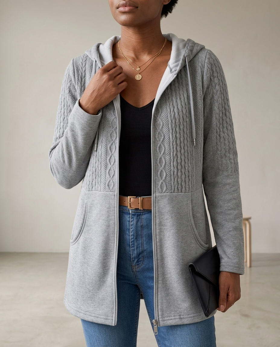 Zoris | Cable-Knit Longline Zip-Up Cardigan