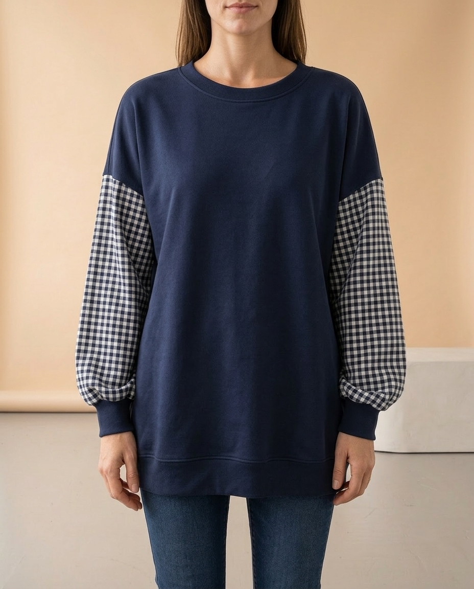 Lariel | Plaid Patchwork Crew Neck Top