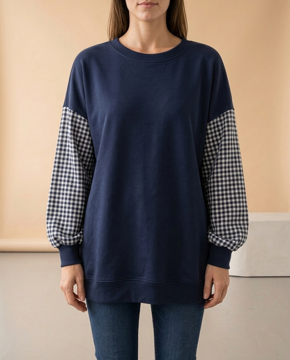 Lariel | Plaid Patchwork Crew Neck Top