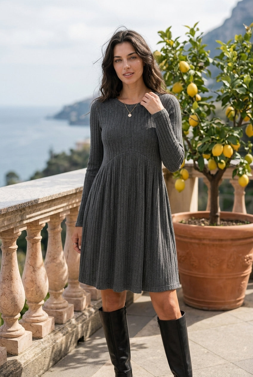 Taline | Rib Knit Flared Midi Dress