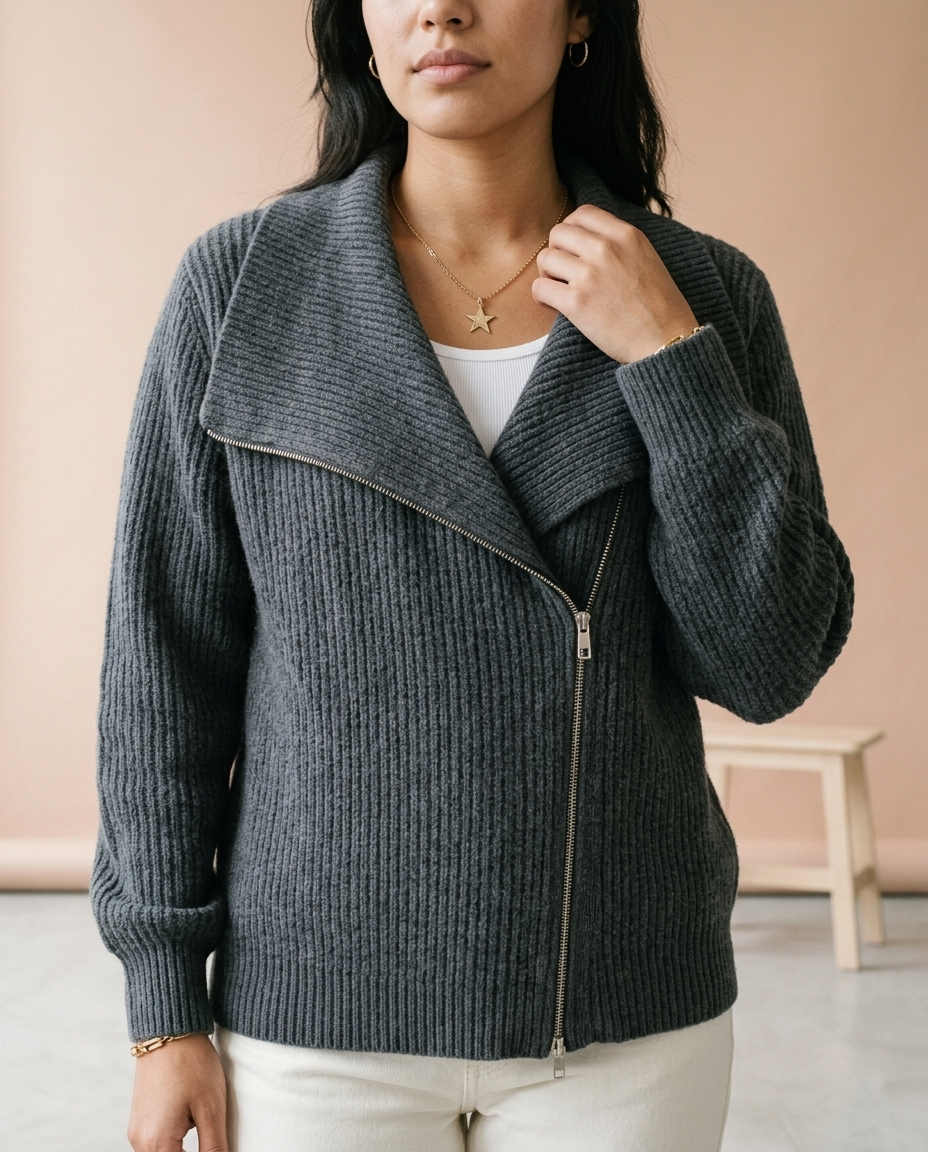 Ronis | Diagonal Zip Ribbed Knit Cardigan