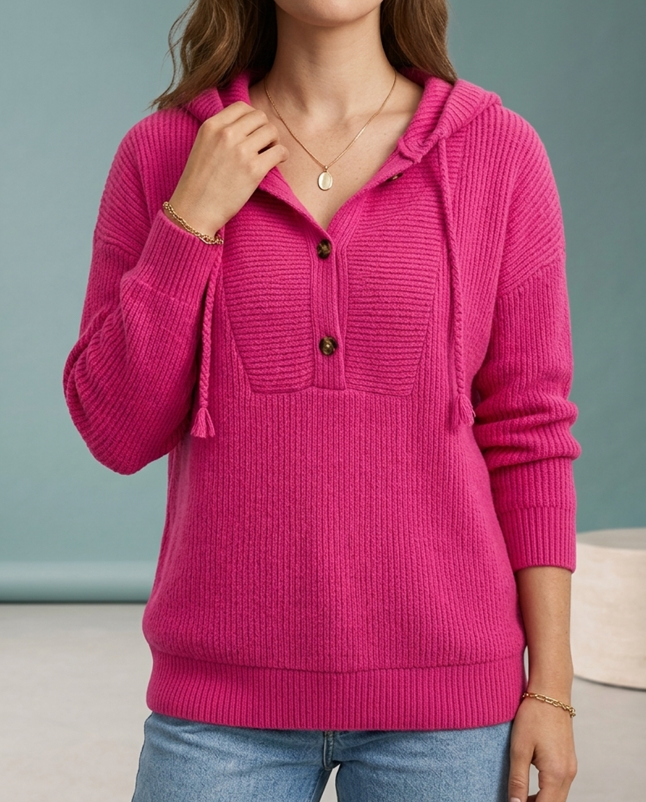 Perla | Ribbed Knit Button-Neck Hoodie