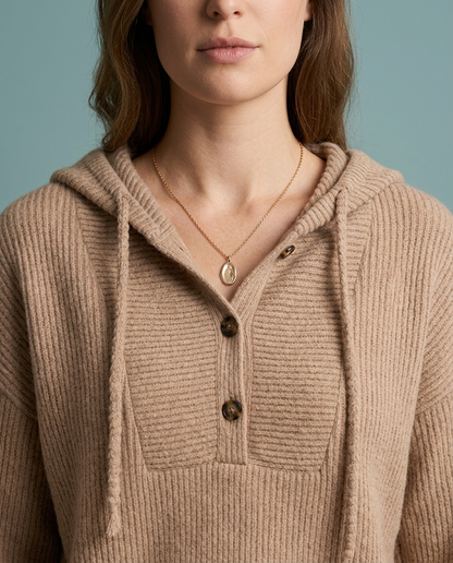 Perla | Ribbed Knit Button-Neck Hoodie