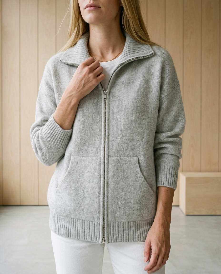 Inesea | Zip-Front Ribbed Collar Cardigan