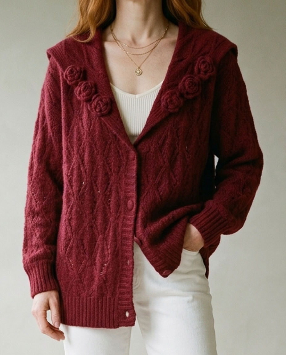 Sunnis | Floral Lapel Cable Knit Cardigan