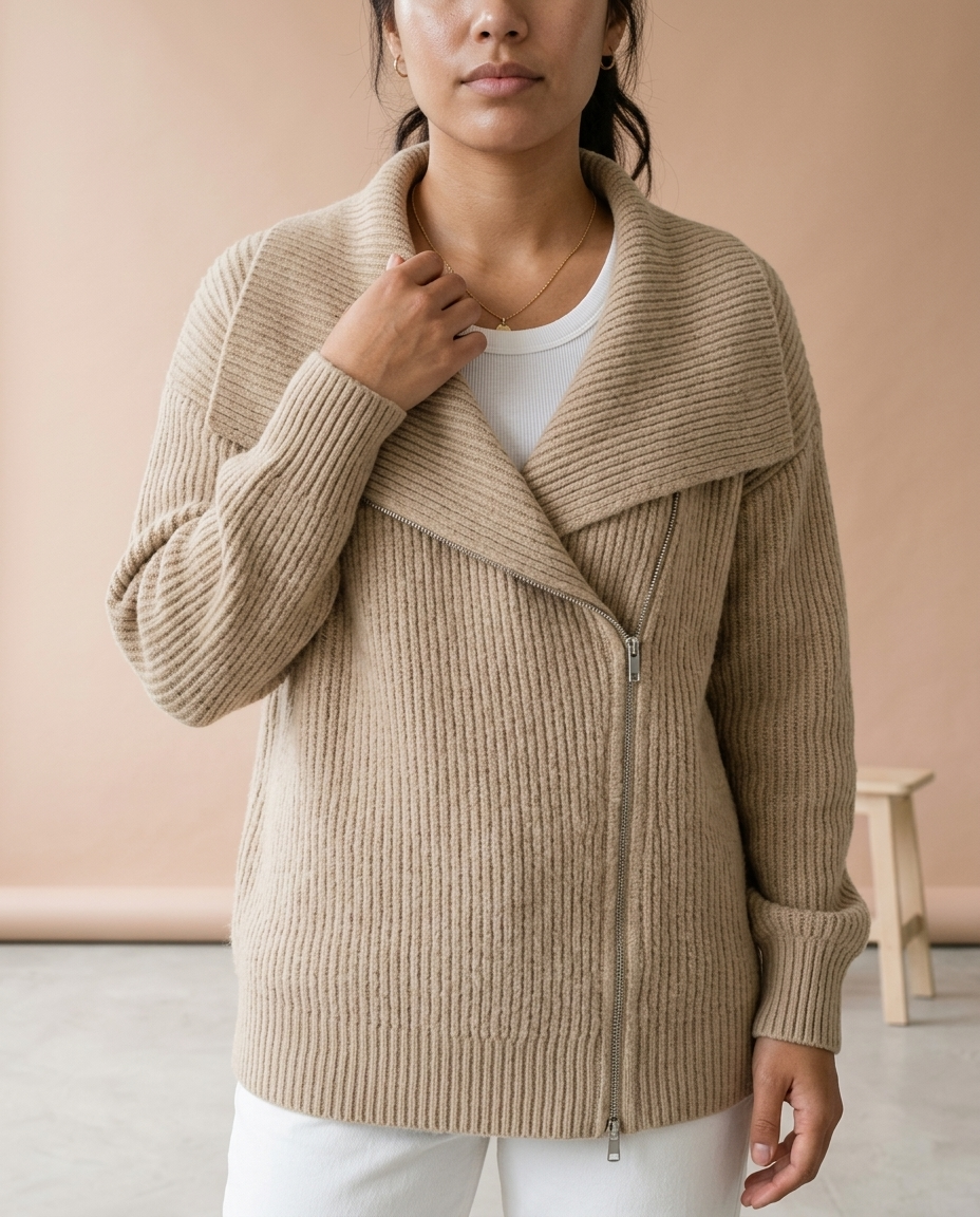Ronis | Diagonal Zip Ribbed Knit Cardigan