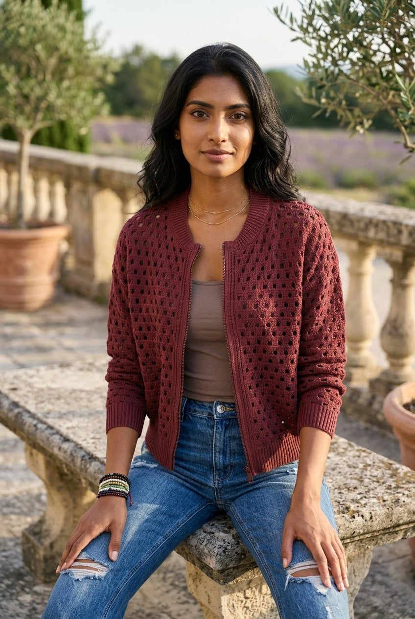 Rhlyn | Openwork Zip-Up Cardigan