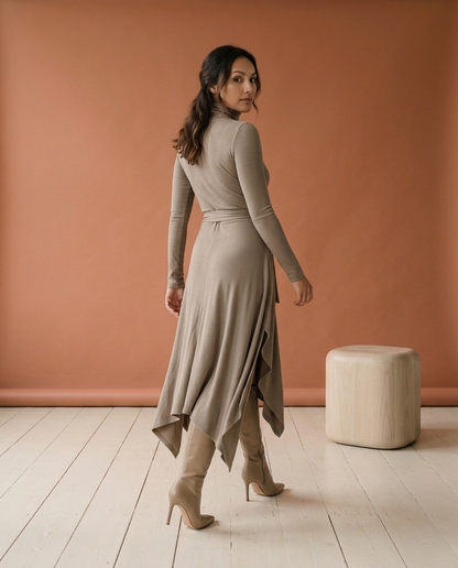 Pipine | Ribbed Turtleneck Slit Midi Dress