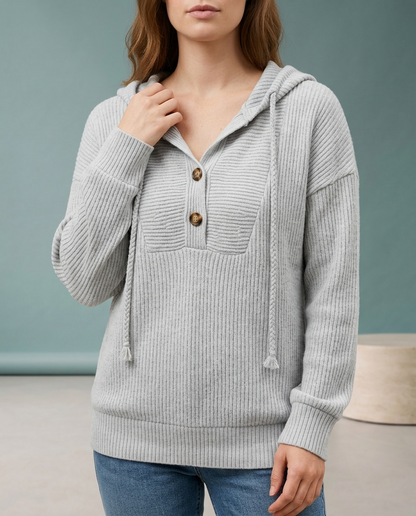 Perla | Ribbed Knit Button-Neck Hoodie