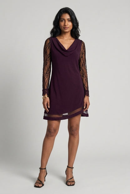 Elenya | Cowl Neck Lace-Sleeve A-Line Dress