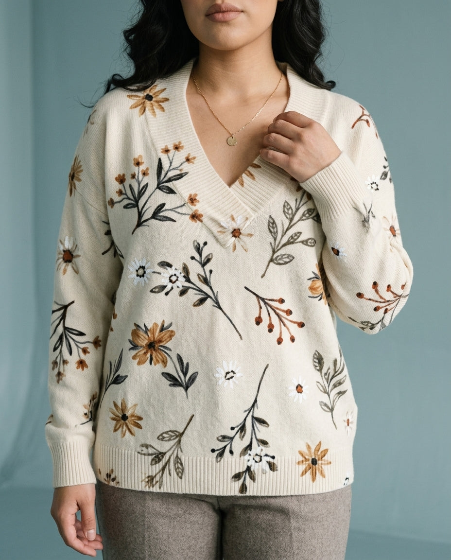 Ettia | Botanical Print V-Neck Sweater