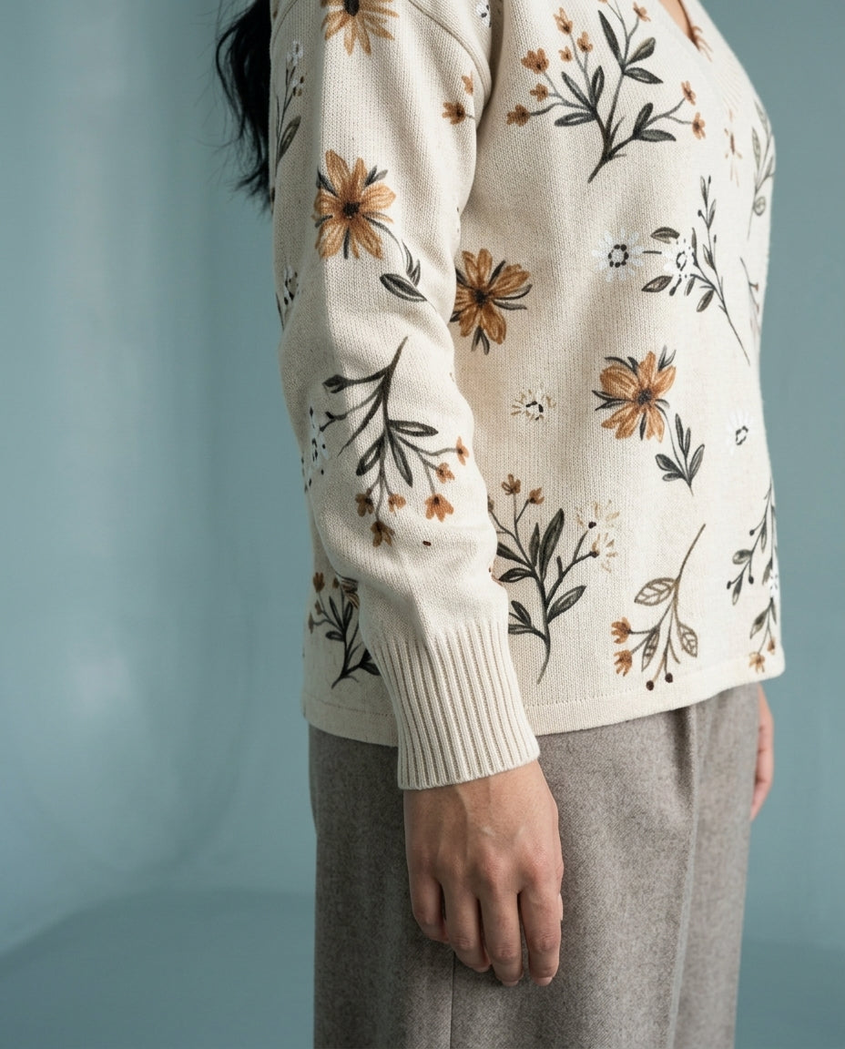 Ettia | Botanical Print V-Neck Sweater