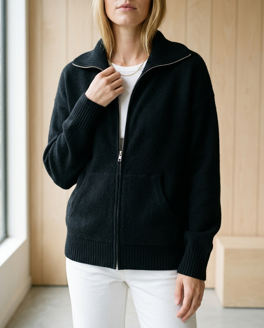 Inesea | Zip-Front Ribbed Collar Cardigan
