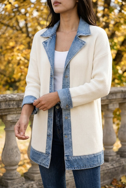 Ettis | Denim-Trim Knit Cardigan Coat