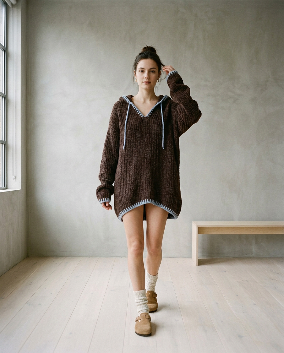 Sinlyn | Hooded Contrast-Trim Sweater Dress