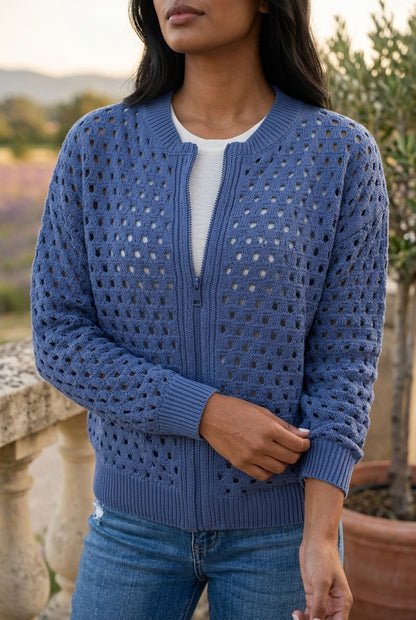Rhlyn | Openwork Zip-Up Cardigan
