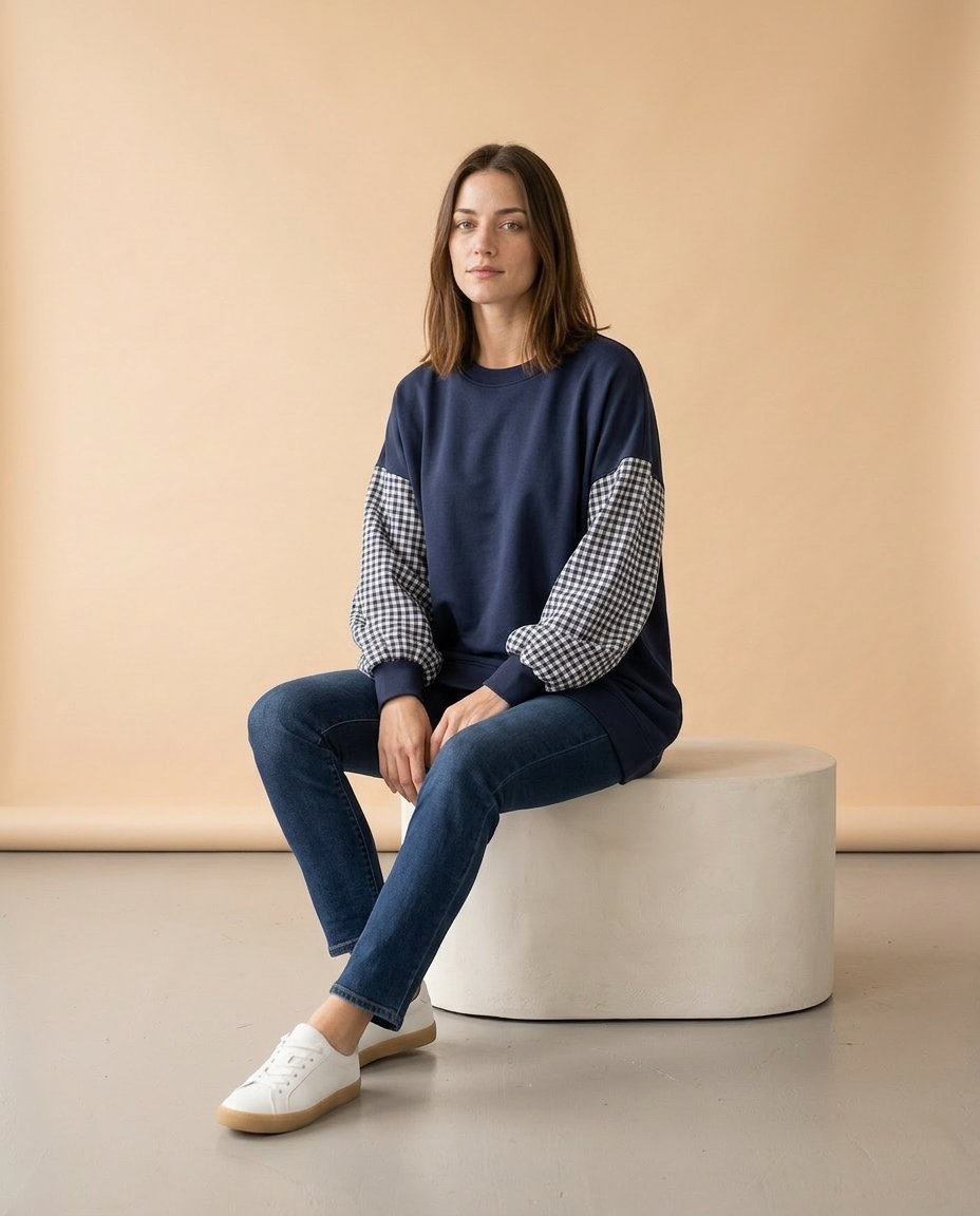 Lariel | Plaid Patchwork Crew Neck Top