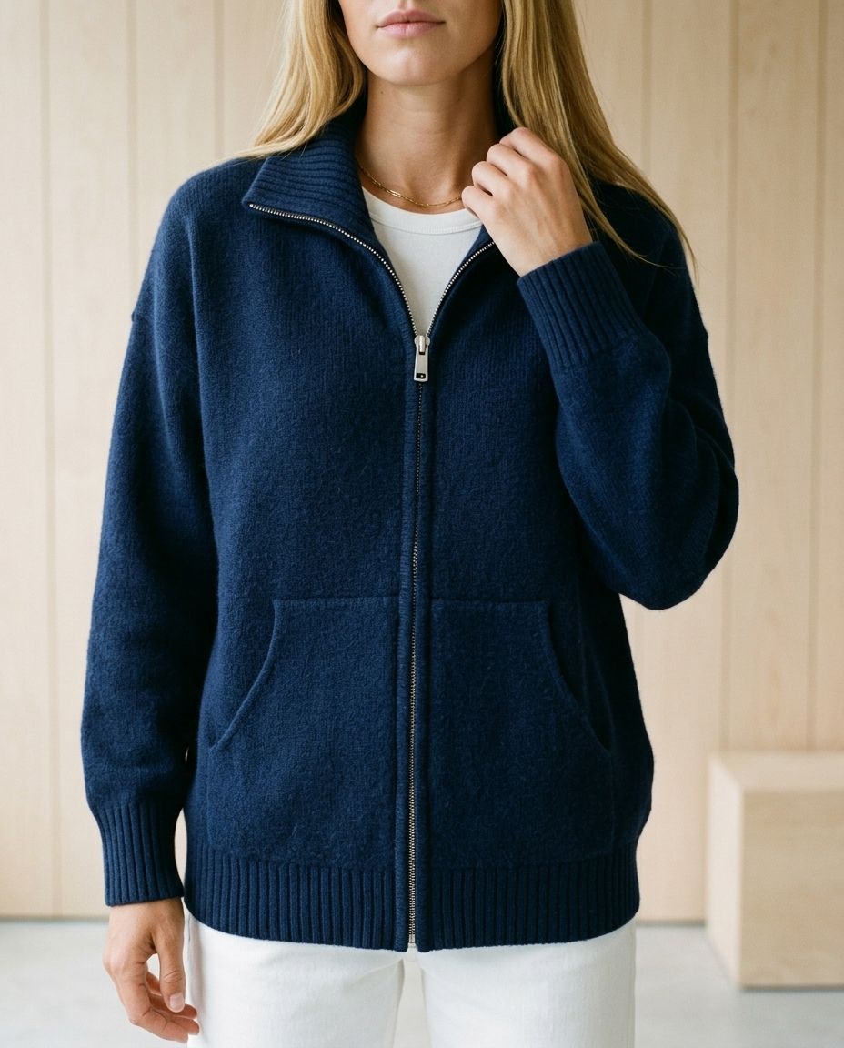 Inesea | Zip-Front Ribbed Collar Cardigan