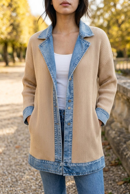 Ettis | Denim-Trim Knit Cardigan Coat