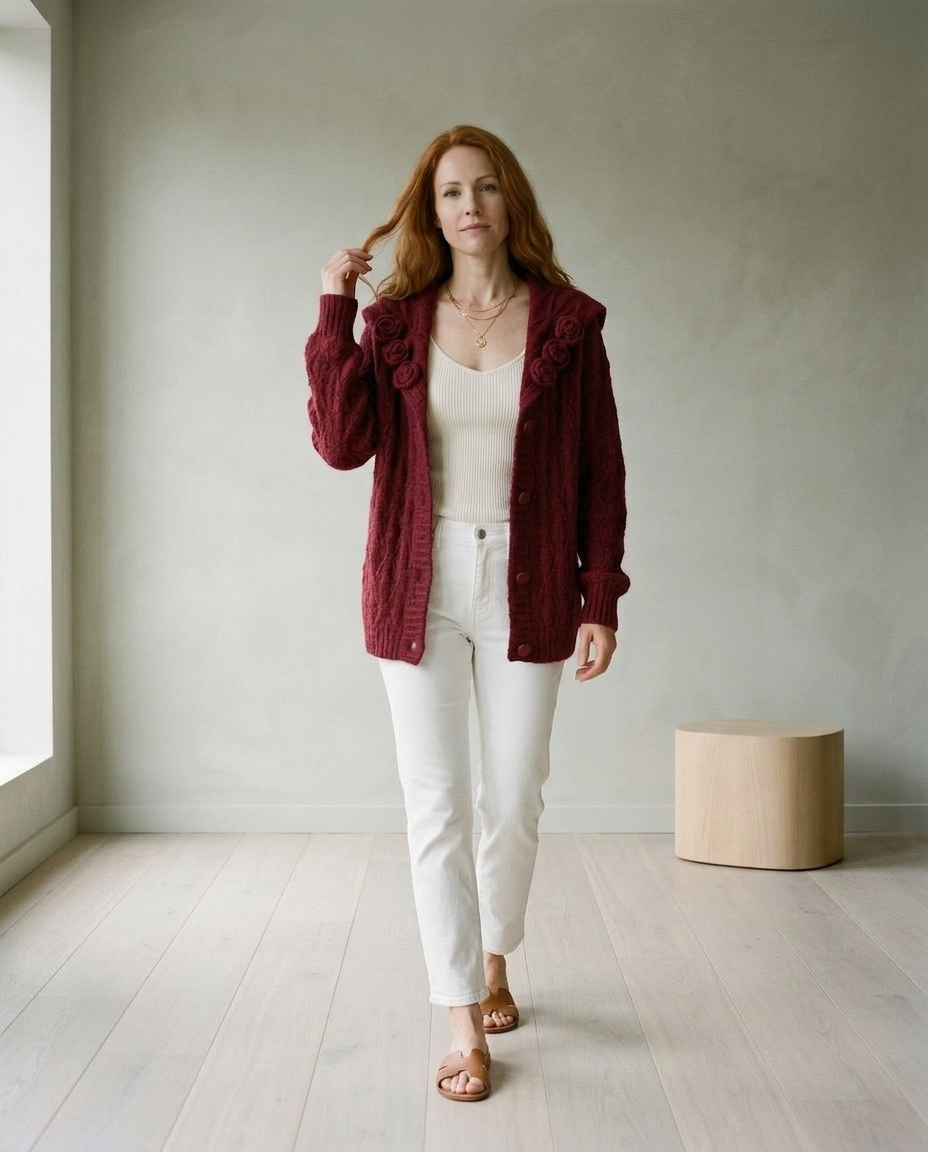 Sunnis | Floral Lapel Cable Knit Cardigan