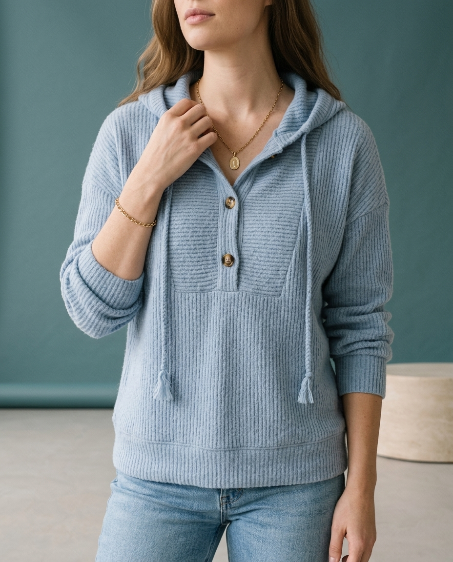 Perla | Ribbed Knit Button-Neck Hoodie