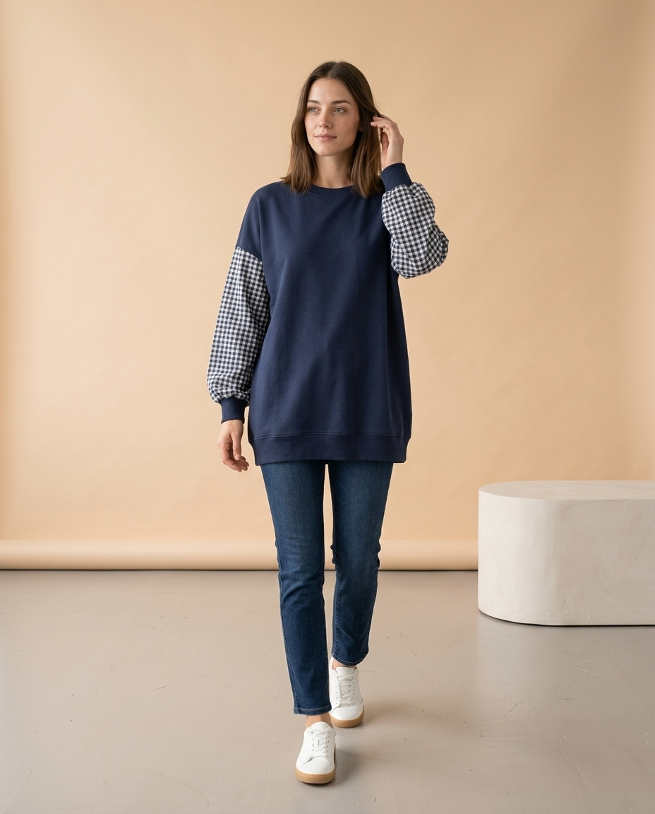 Lariel | Plaid Patchwork Crew Neck Top