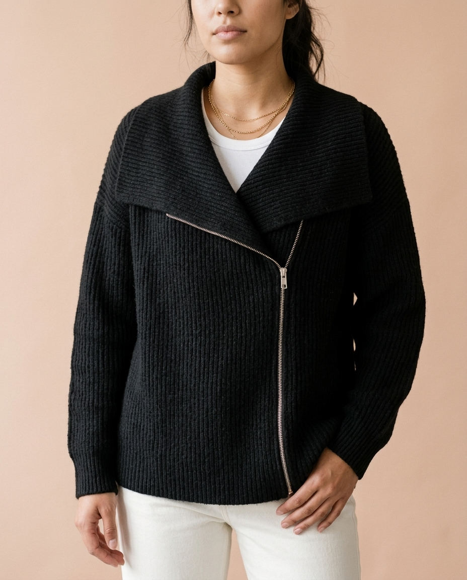 Ronis | Diagonal Zip Ribbed Knit Cardigan