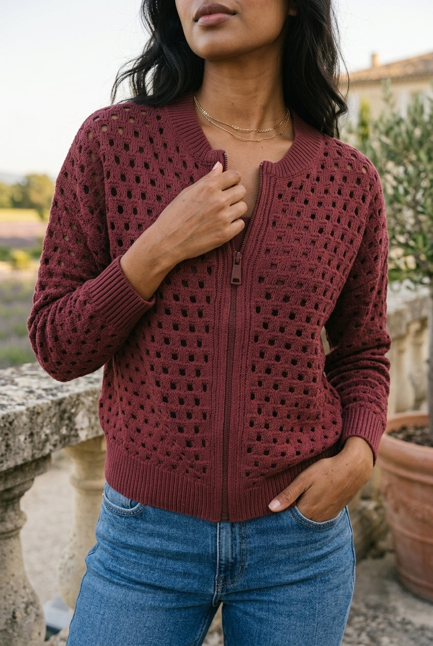 Rhlyn | Openwork Zip-Up Cardigan