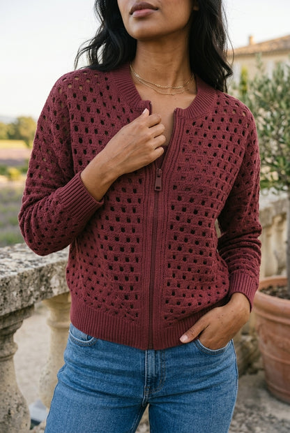Rhlyn | Openwork Zip-Up Cardigan