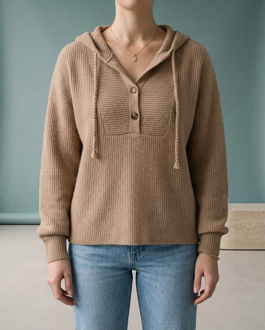 Perla | Ribbed Knit Button-Neck Hoodie