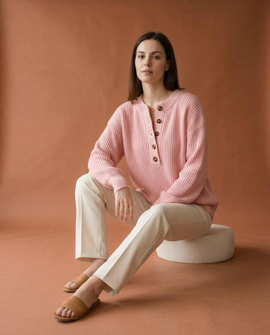 Rosiel | Ribbed Button-Neck Pullover