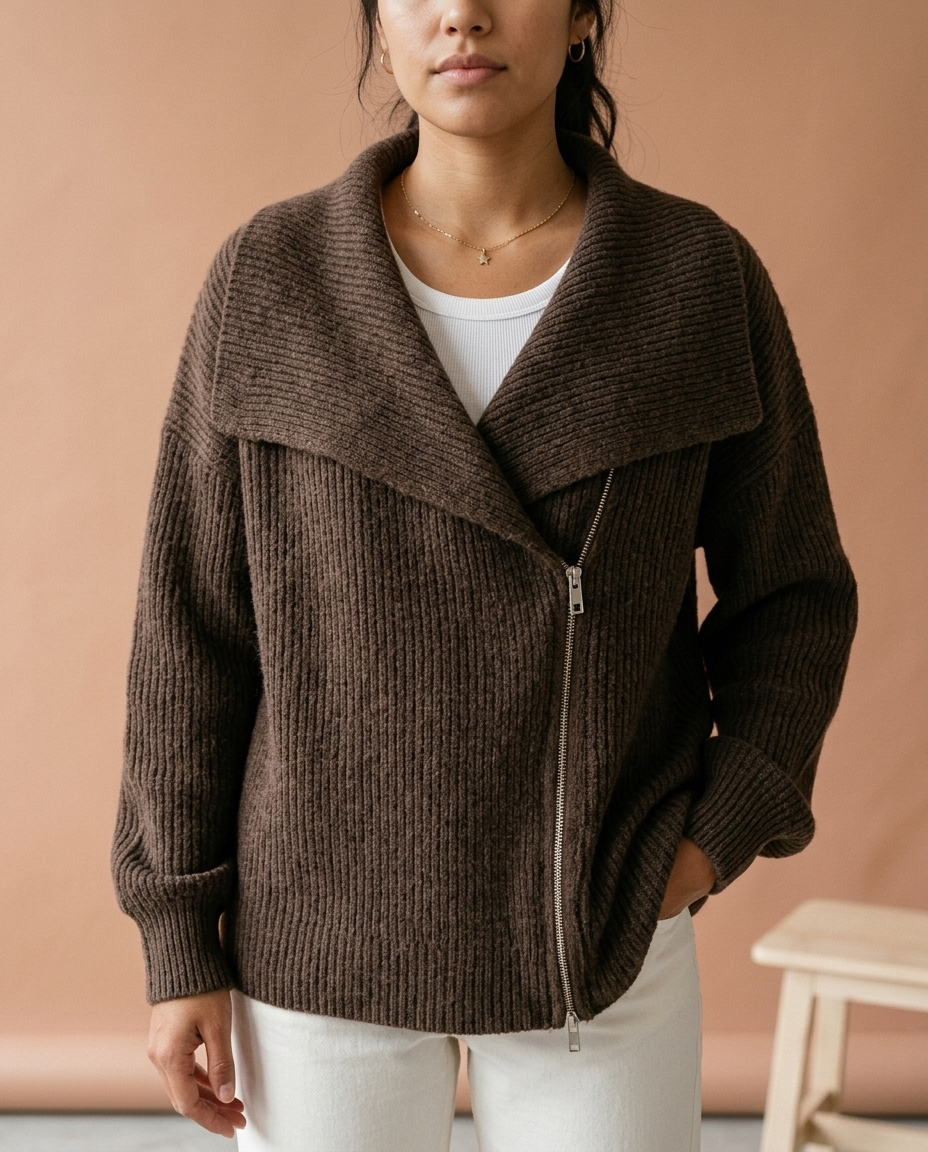Ronis | Diagonal Zip Ribbed Knit Cardigan