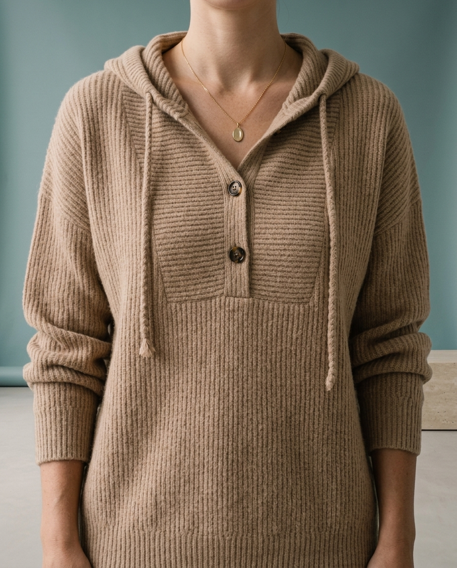 Perla | Ribbed Knit Button-Neck Hoodie