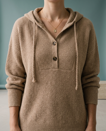 Perla | Ribbed Knit Button-Neck Hoodie