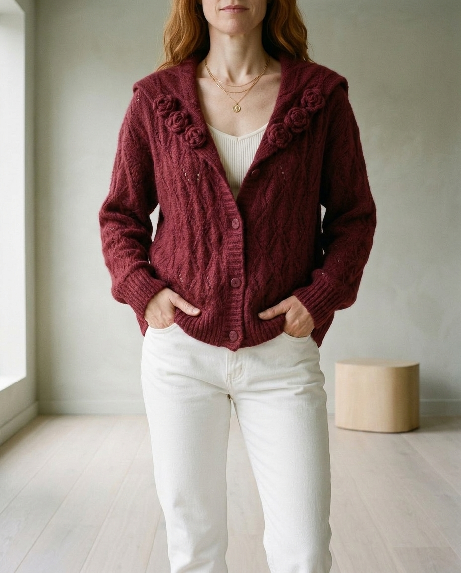 Sunnis | Floral Lapel Cable Knit Cardigan
