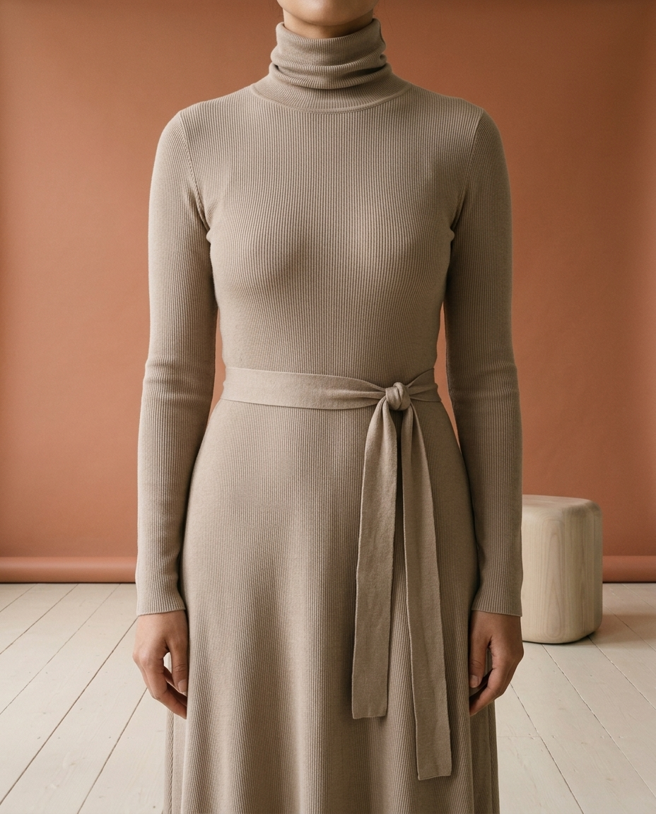 Pipine | Ribbed Turtleneck Slit Midi Dress